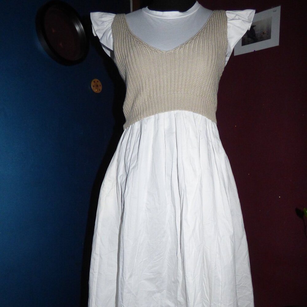 GOTH BOHO ROCKABILLY WHITE 60'S FIT AND FLARE DRESS WITH BEIGE CROP SWEATER L